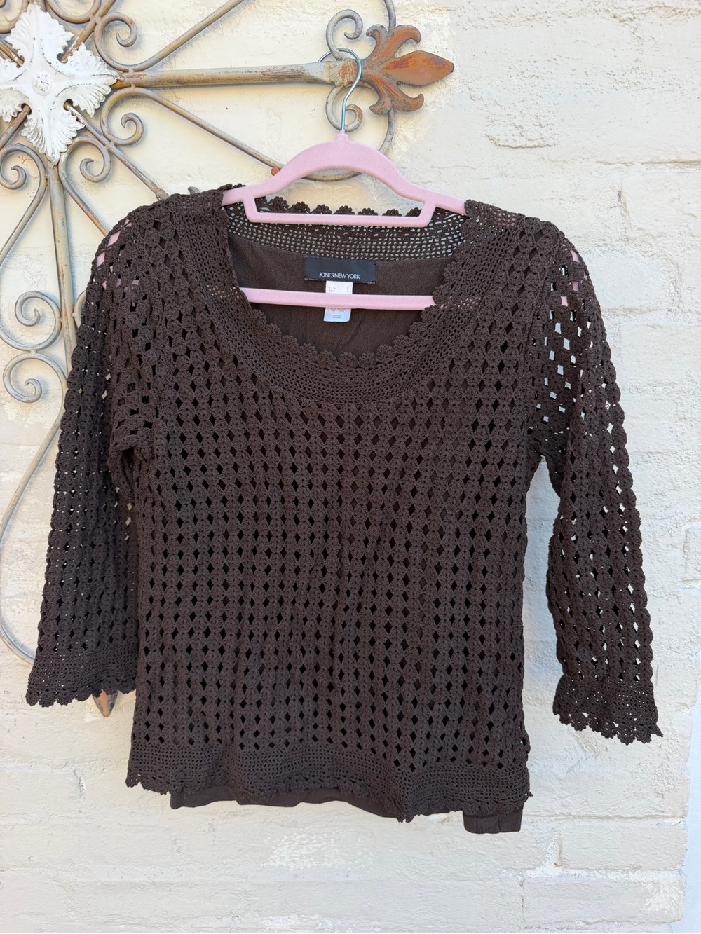 Jones New York Chocolate Brown Crochet Scoop Neck Sweater